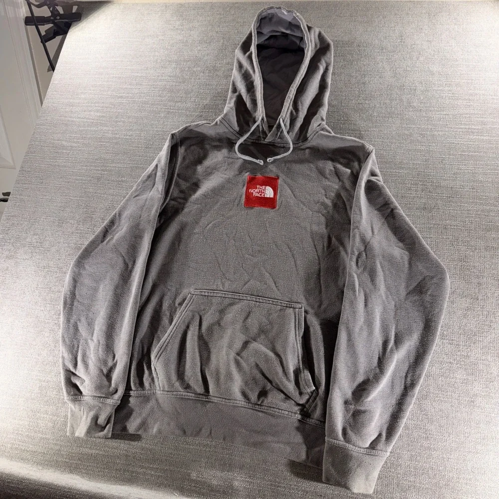 The North Face Hoodie Mens Large Gray Good‎ Red Box Logo Pullover Fleece